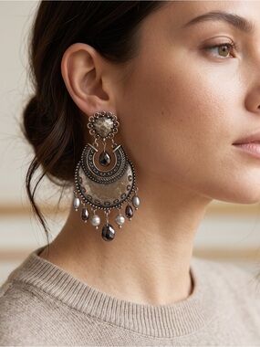 Silver-Tone Boho Crescent Drop Earrings with Pearl & Hematite Accents